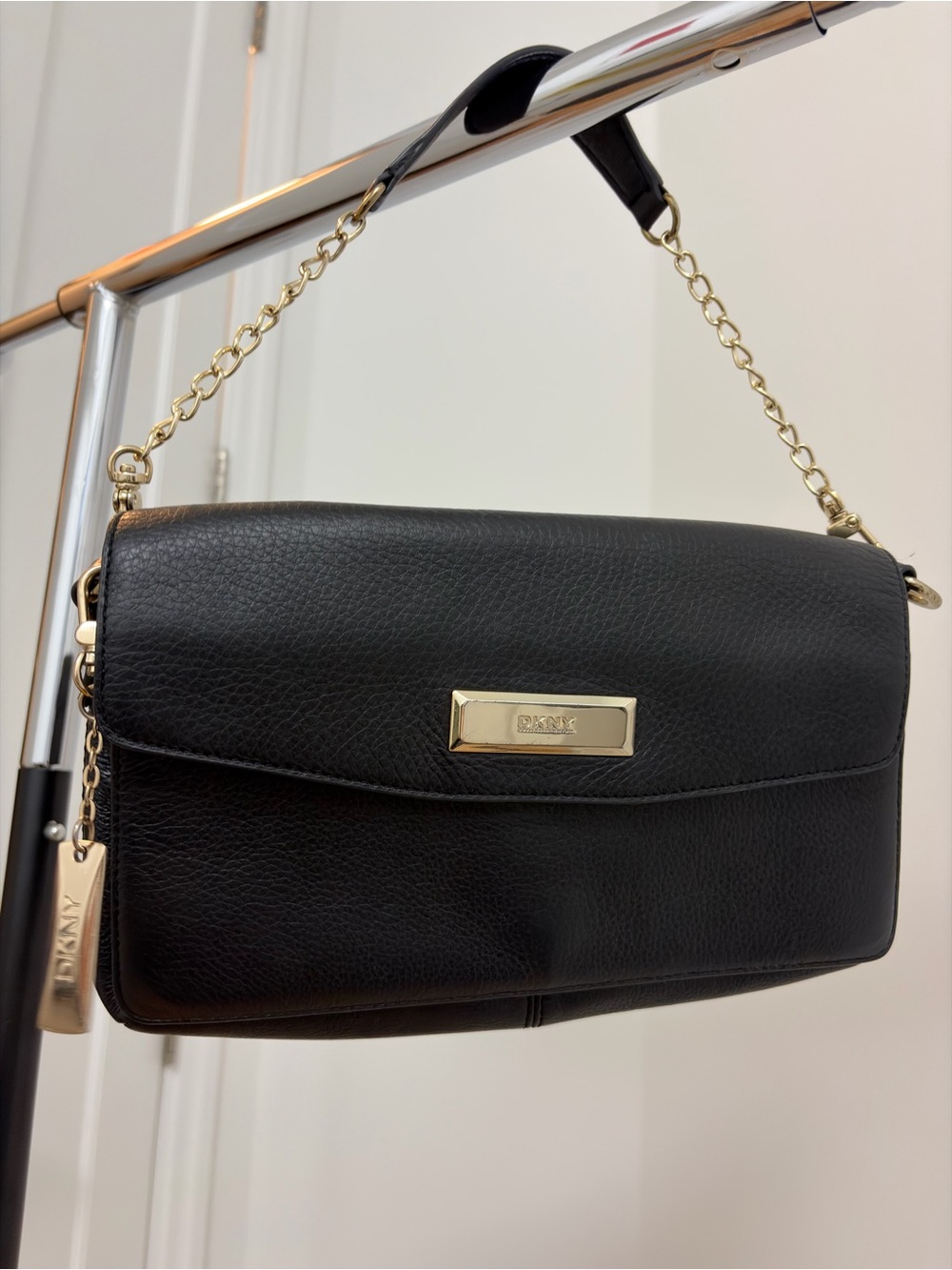 DKNY Black Leather Shoulder Bag with Gold Chain Trim